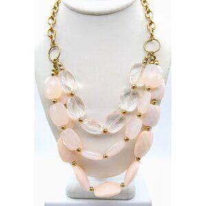 Pink Blush Bib Necklace, Unique Vintage with Lucite on Gold Tone Chain, Triple